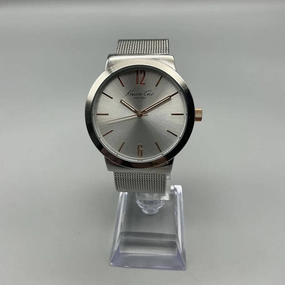 Kenneth Cole Mens Watch 42mm Silver Dial Stainless Mesh Band KCW3062 New Battery